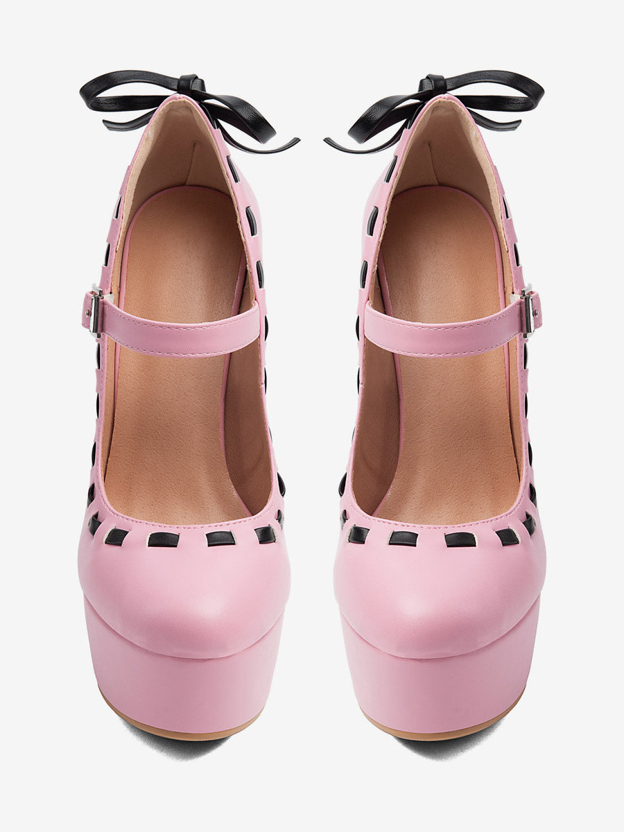 Pink Open-Toe Platform Bow Detail Heels — view 3