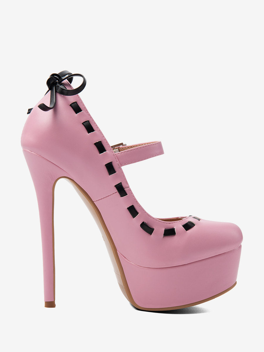 pink open toe platform bow detail heels — view 5