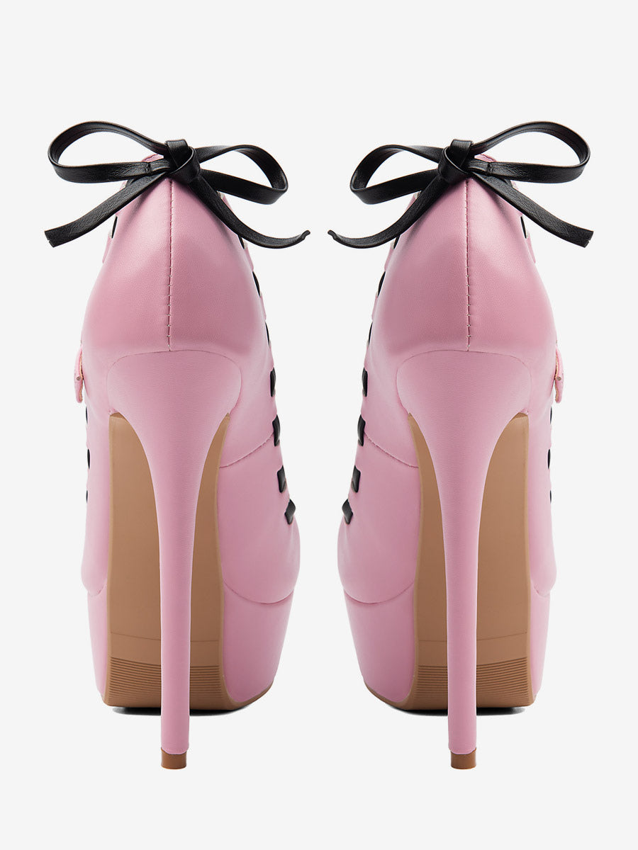 pink open toe platform bow detail heels — view 7