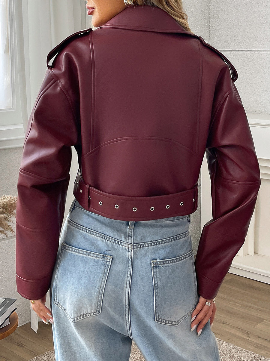 burgundy belted pockets short jacket — view 6
