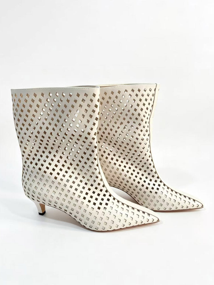 ivory pointed toe kitten heel cut out ankle boots — view 4