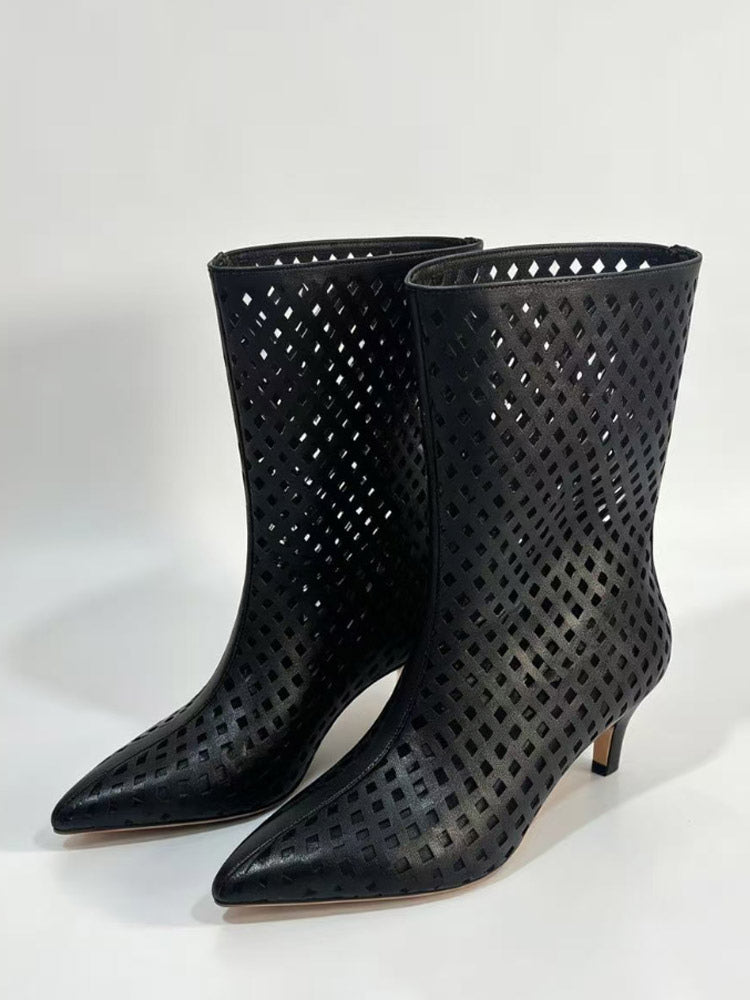 ivory pointed toe kitten heel cut out ankle boots — view 5