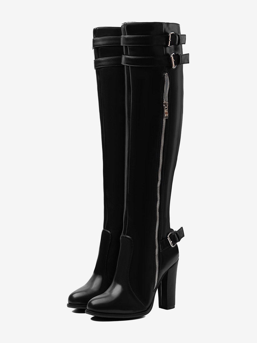 black round toe block heel zip knee high boots — view 1