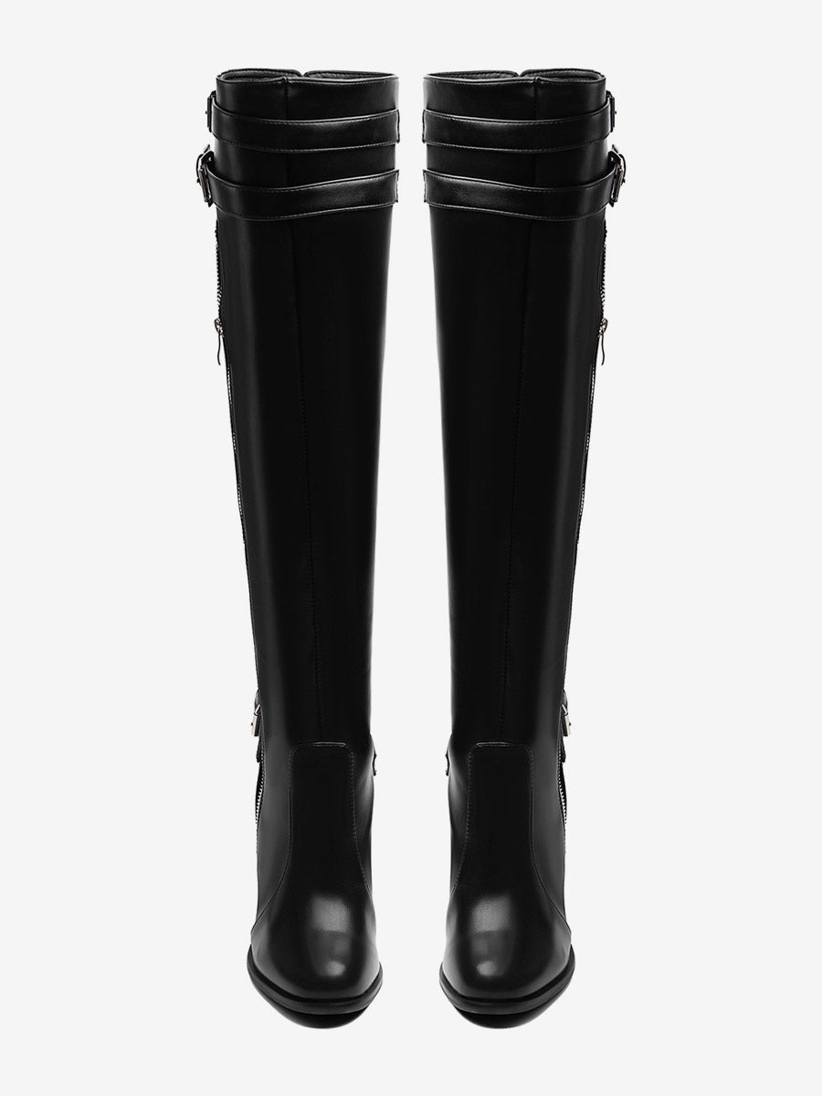 Black Round-Toe Block Heel Zip Knee-High Boots — view 2