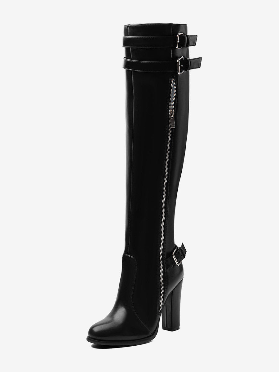 Black Round-Toe Block Heel Zip Knee-High Boots — view 3