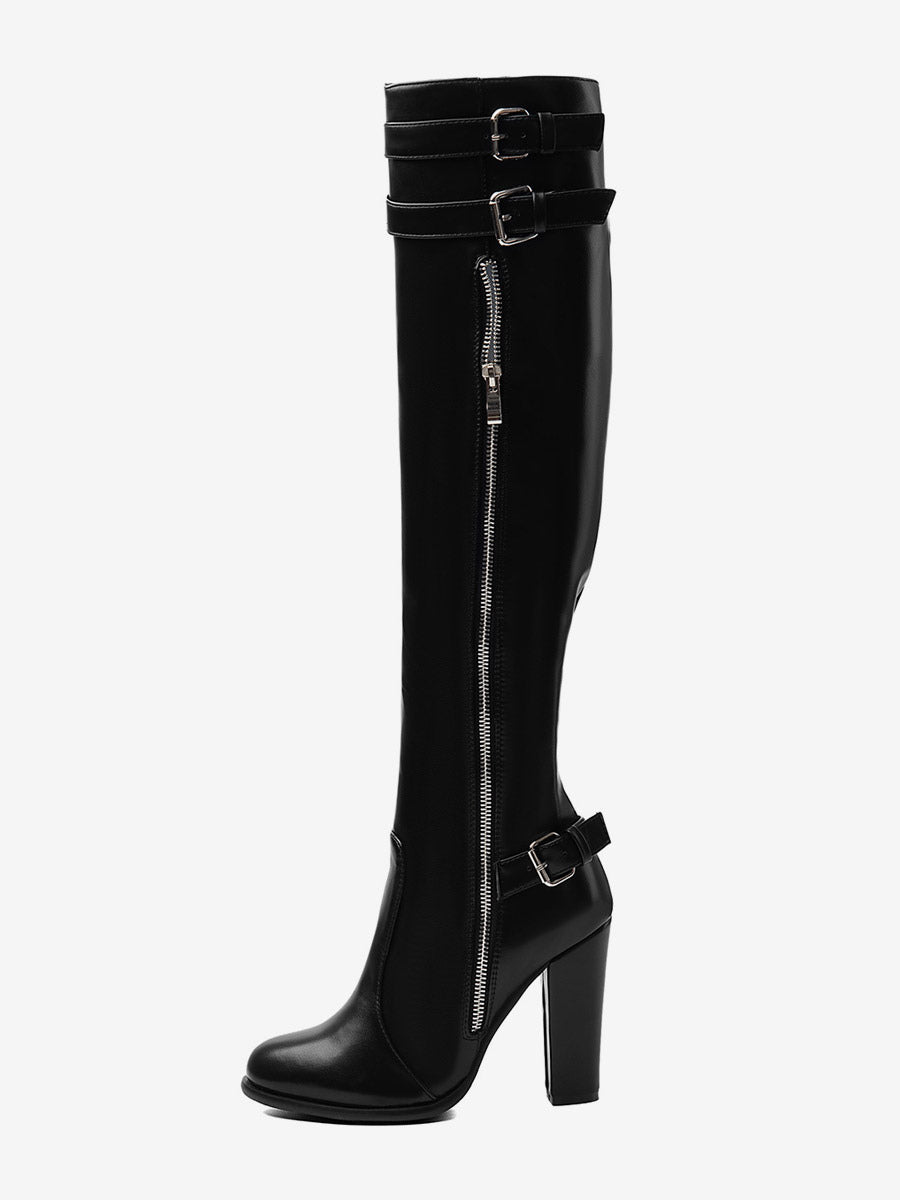 black round toe block heel zip knee high boots — view 4