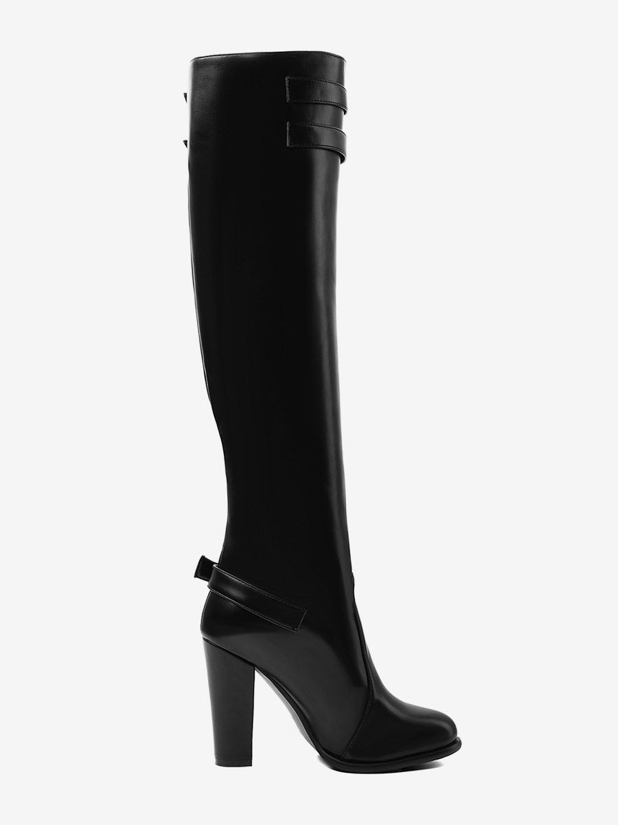 Black Round-Toe Block Heel Zip Knee-High Boots — view 5