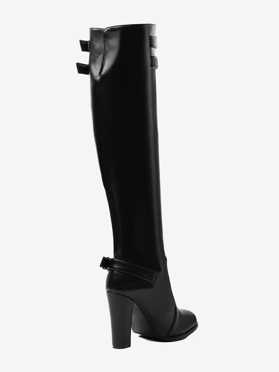 black round toe block heel zip knee high boots — view 6