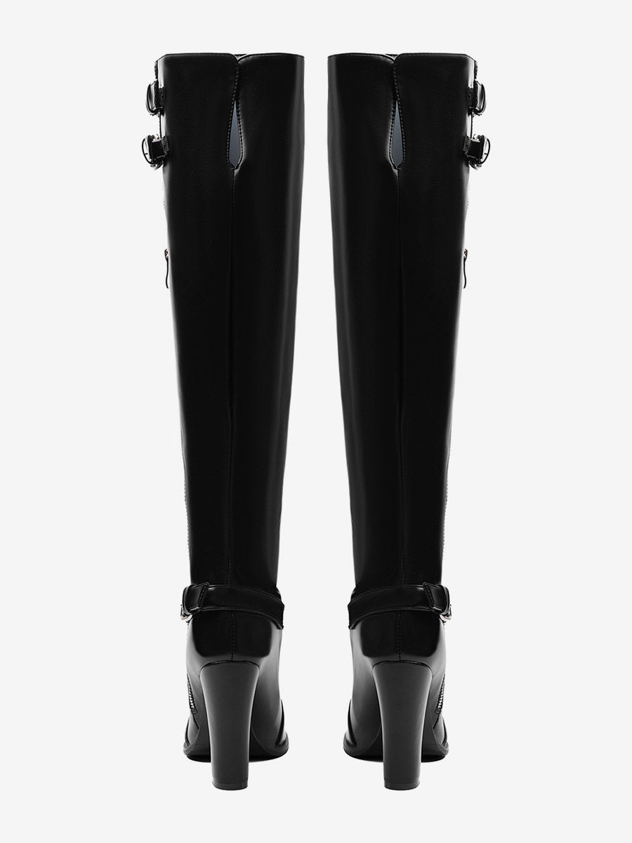 Black Round-Toe Block Heel Zip Knee-High Boots — view 7