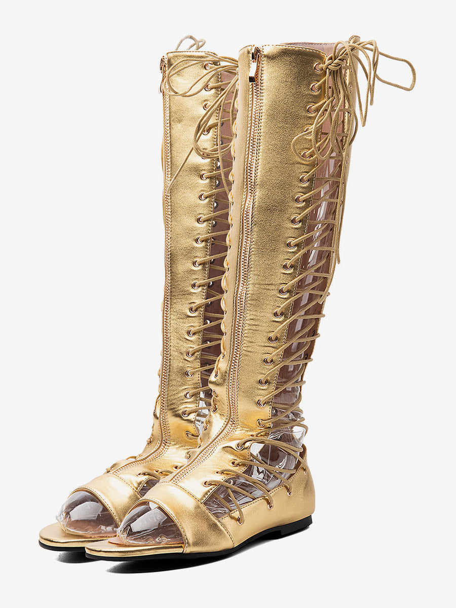 Gold Open-Toe Lace-Up Zip Gladiator Sandals — view 1