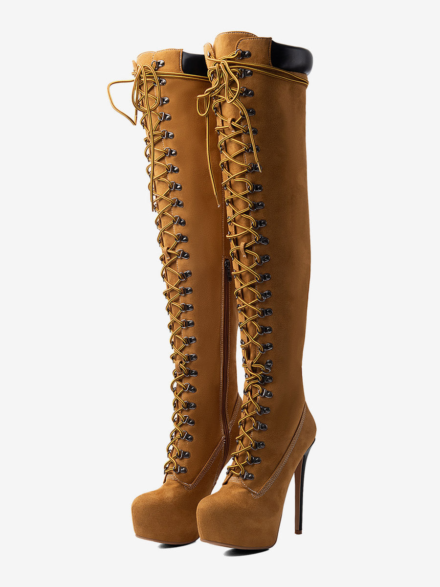 Brown Round-Toe Platform Lace-Up Over-The-Knee Boots — view 1