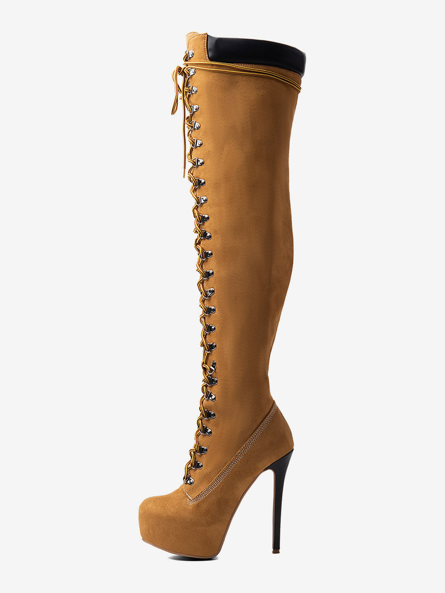 Brown Round-Toe Platform Lace-Up Over-The-Knee Boots — view 2