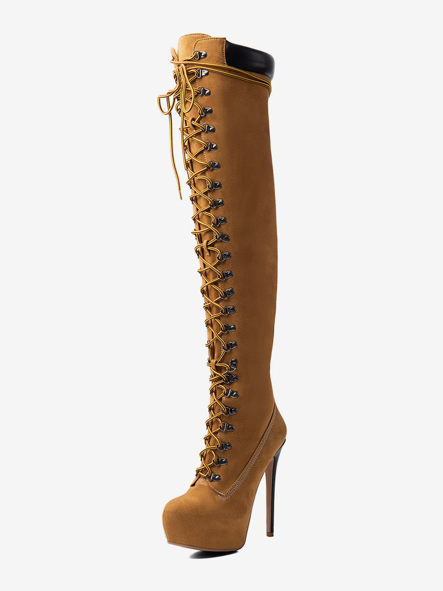brown round toe platform lace up over the knee boots — view 3