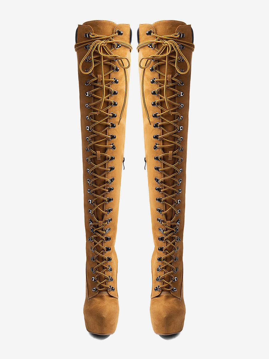 Brown Round-Toe Platform Lace-Up Over-The-Knee Boots — view 4