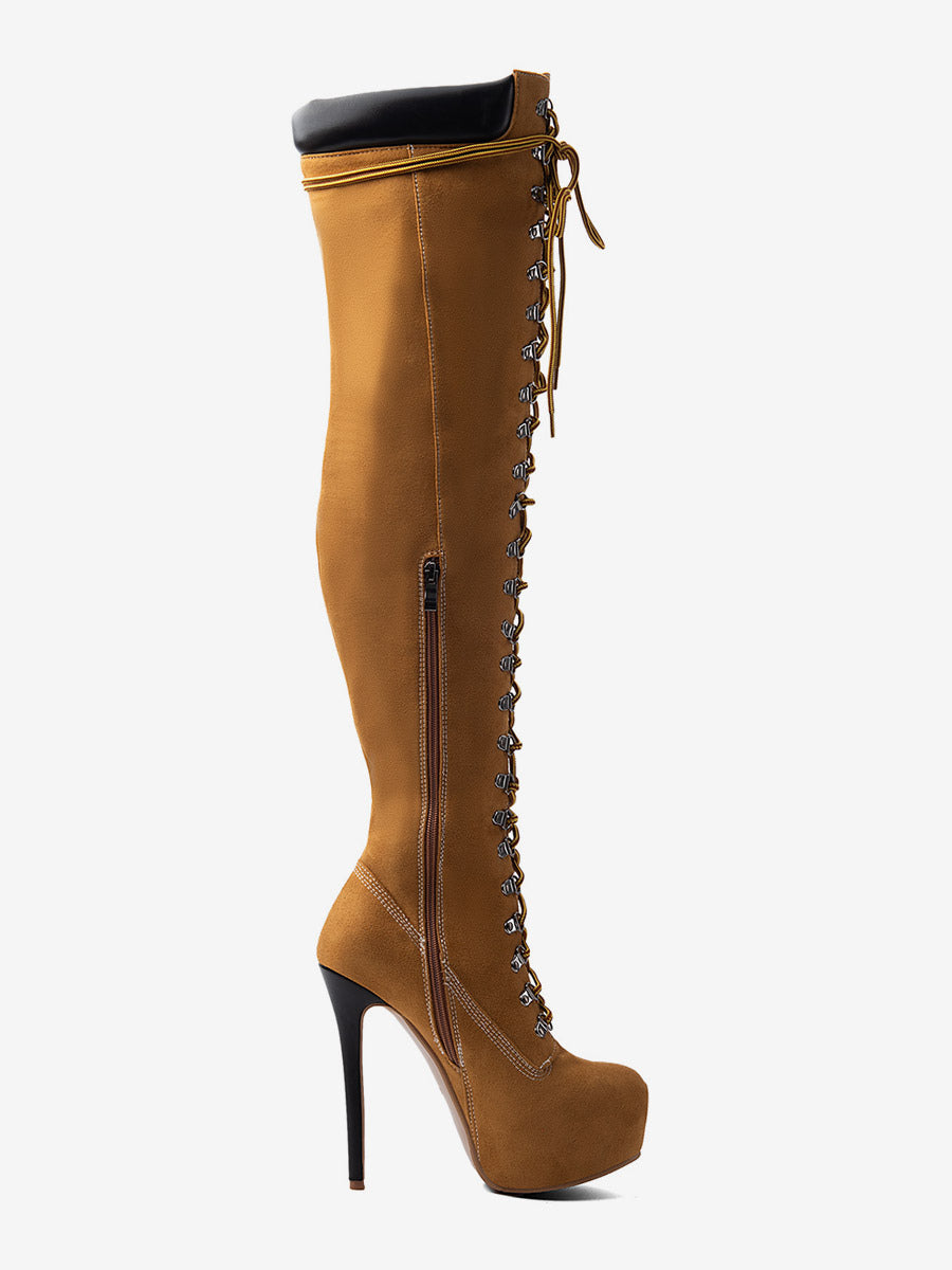 brown round toe platform lace up over the knee boots — view 5