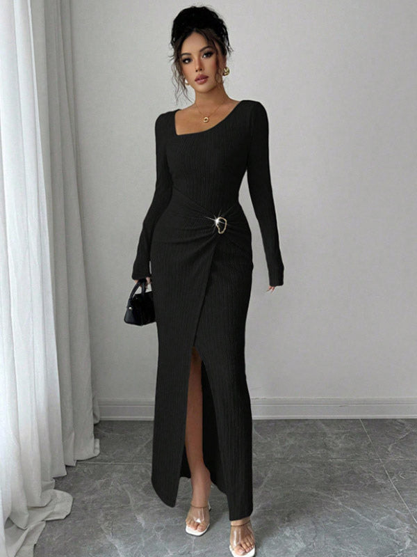 Apricot Long-Sleeve Side Split Fitted Dress — view 5