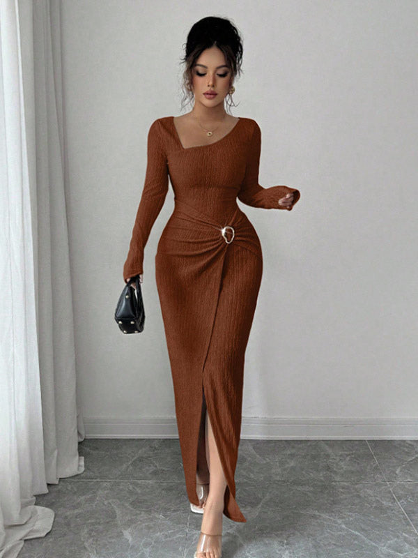 Apricot Long-Sleeve Side Split Fitted Dress — view 3