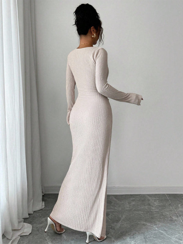 Apricot Long-Sleeve Side Split Fitted Dress — view 2
