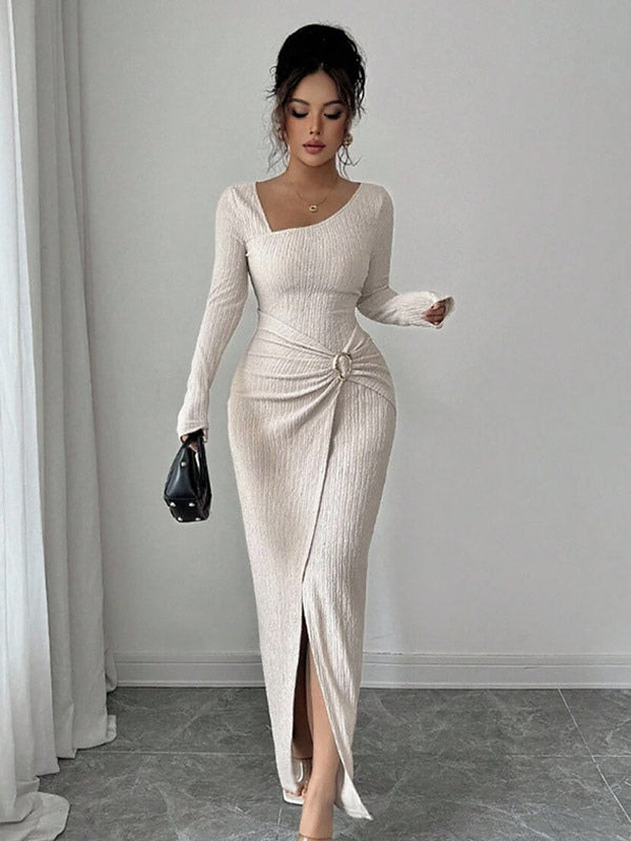 Apricot Long-Sleeve Side Split Fitted Dress — view 1