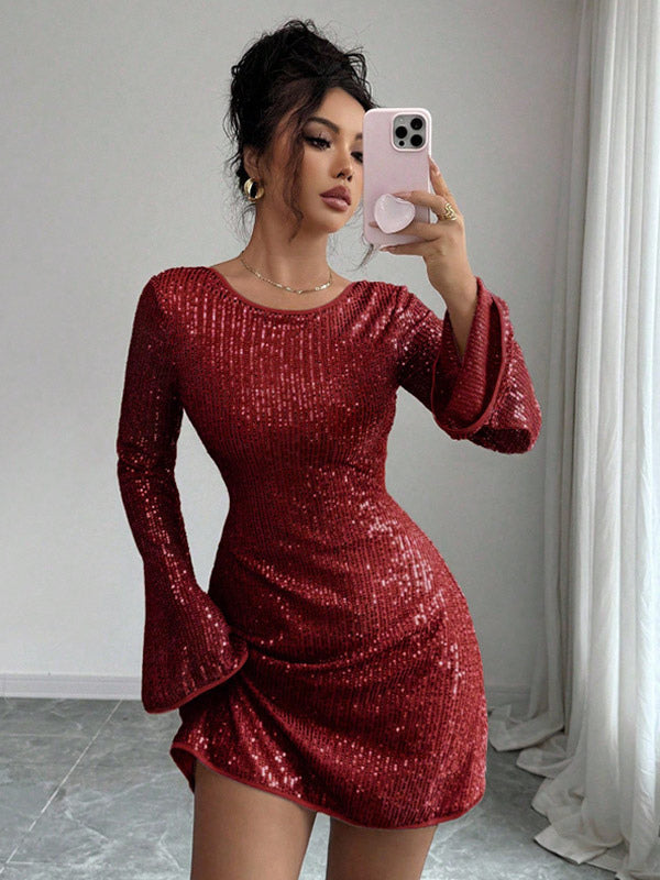 Burgundy Fitted Sequin Mini Dress — view 8