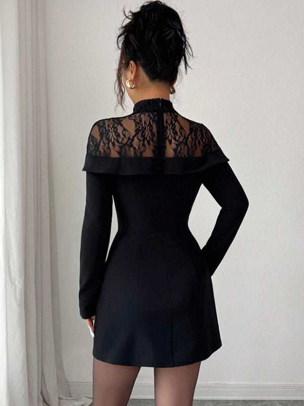 Black Long-Sleeve Fitted Lace Dress — view 2