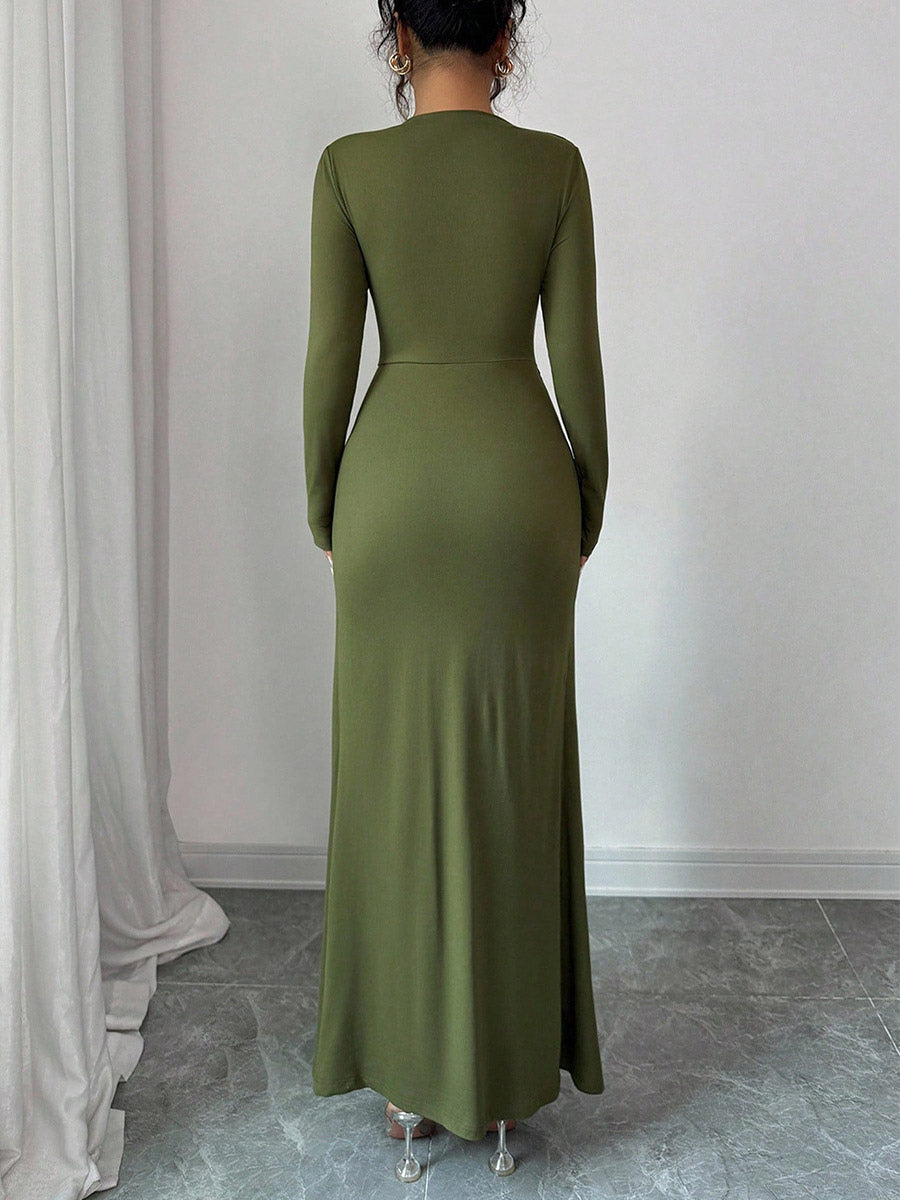 Green Long-Sleeve Side Split Fitted Dress — view 4