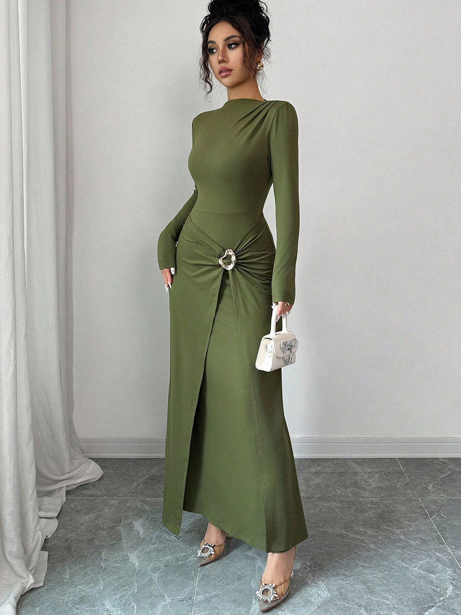 Green Long-Sleeve Side Split Fitted Dress — view 3