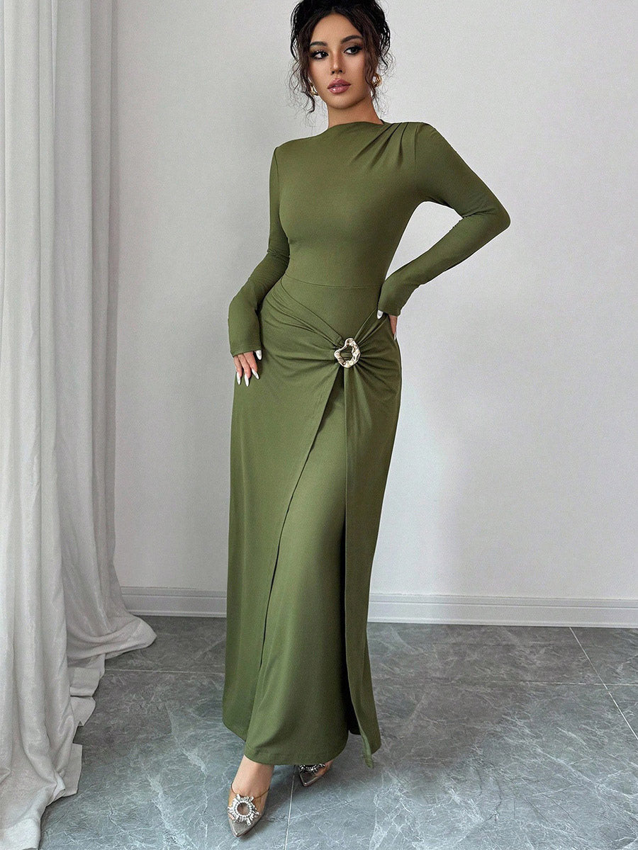 Green Long-Sleeve Side Split Fitted Dress — view 2