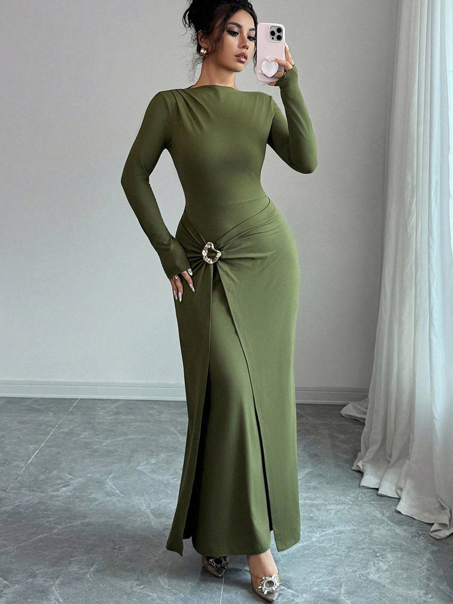 Green Long-Sleeve Side Split Fitted Dress — view 1