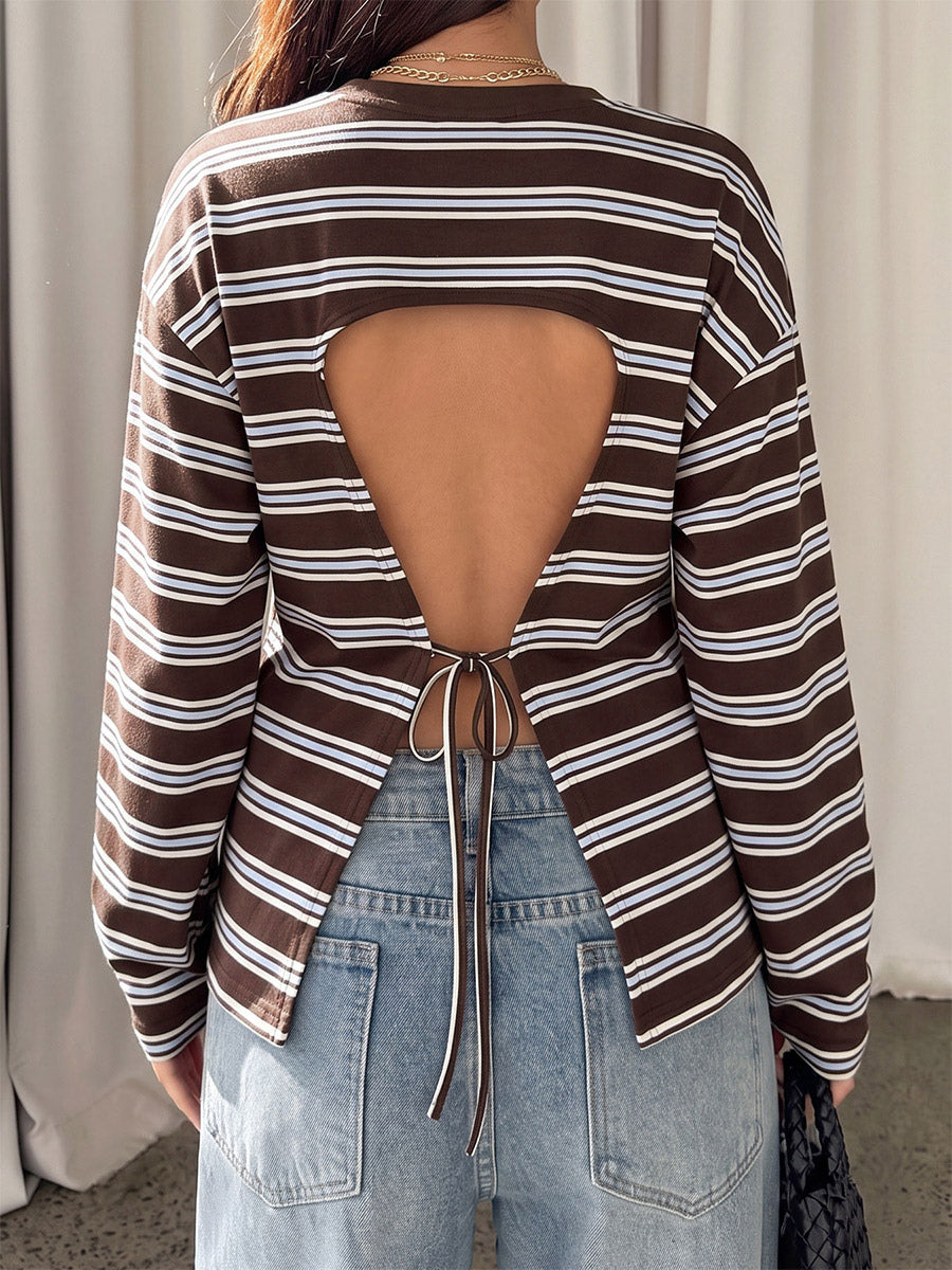 Brown Long-Sleeve Striped Blouse — view 3