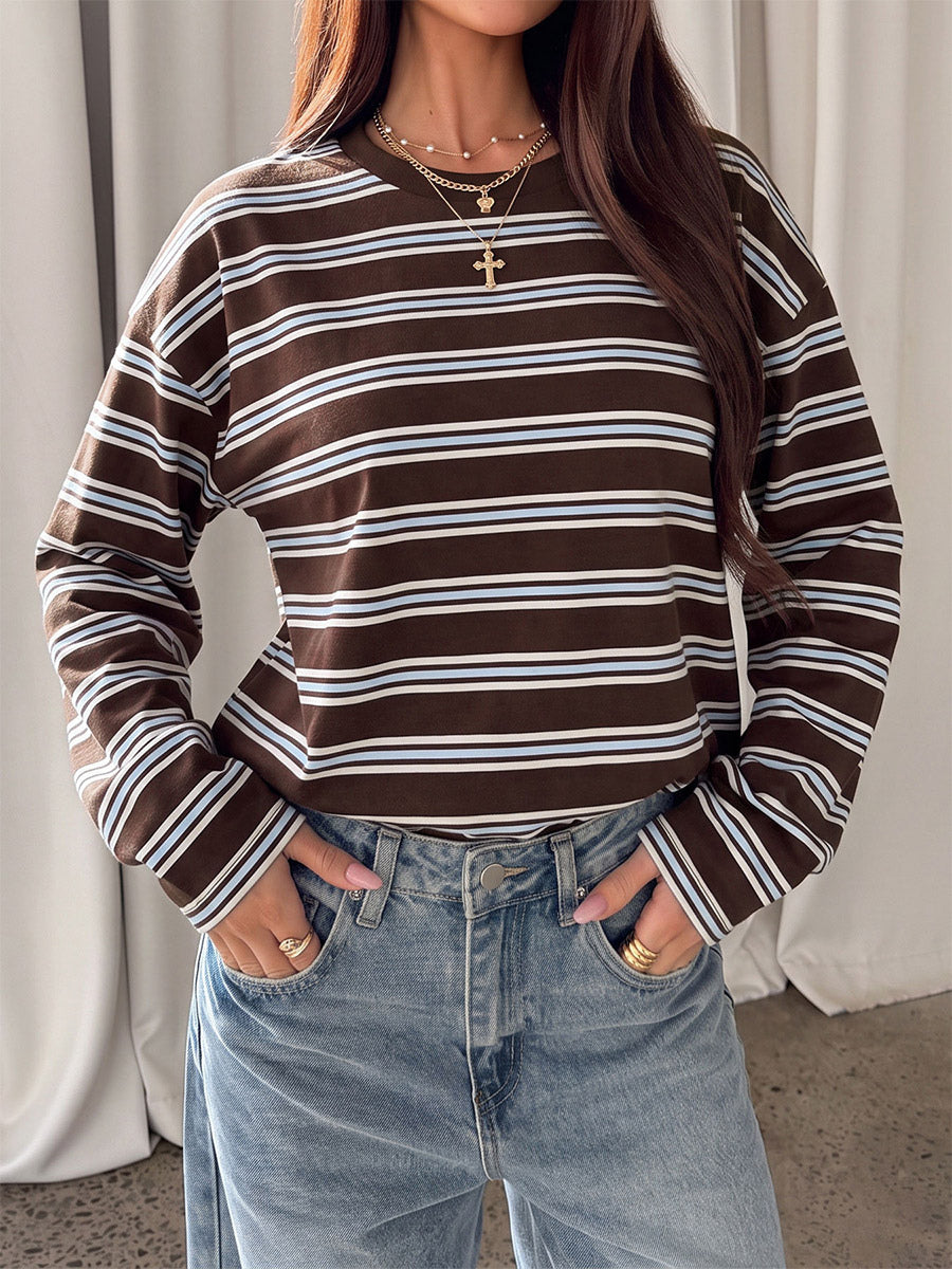 Brown Long-Sleeve Striped Blouse — view 1