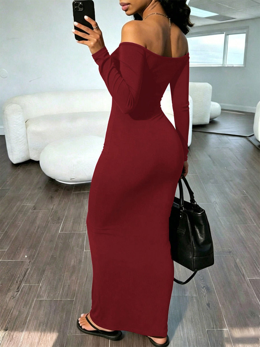 Burgundy Long-Sleeve Off-Shoulder Fitted Bodycon Dress — view 4