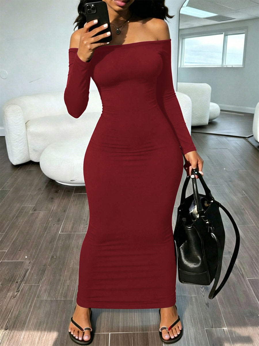 Burgundy Long-Sleeve Off-Shoulder Fitted Bodycon Dress — view 3