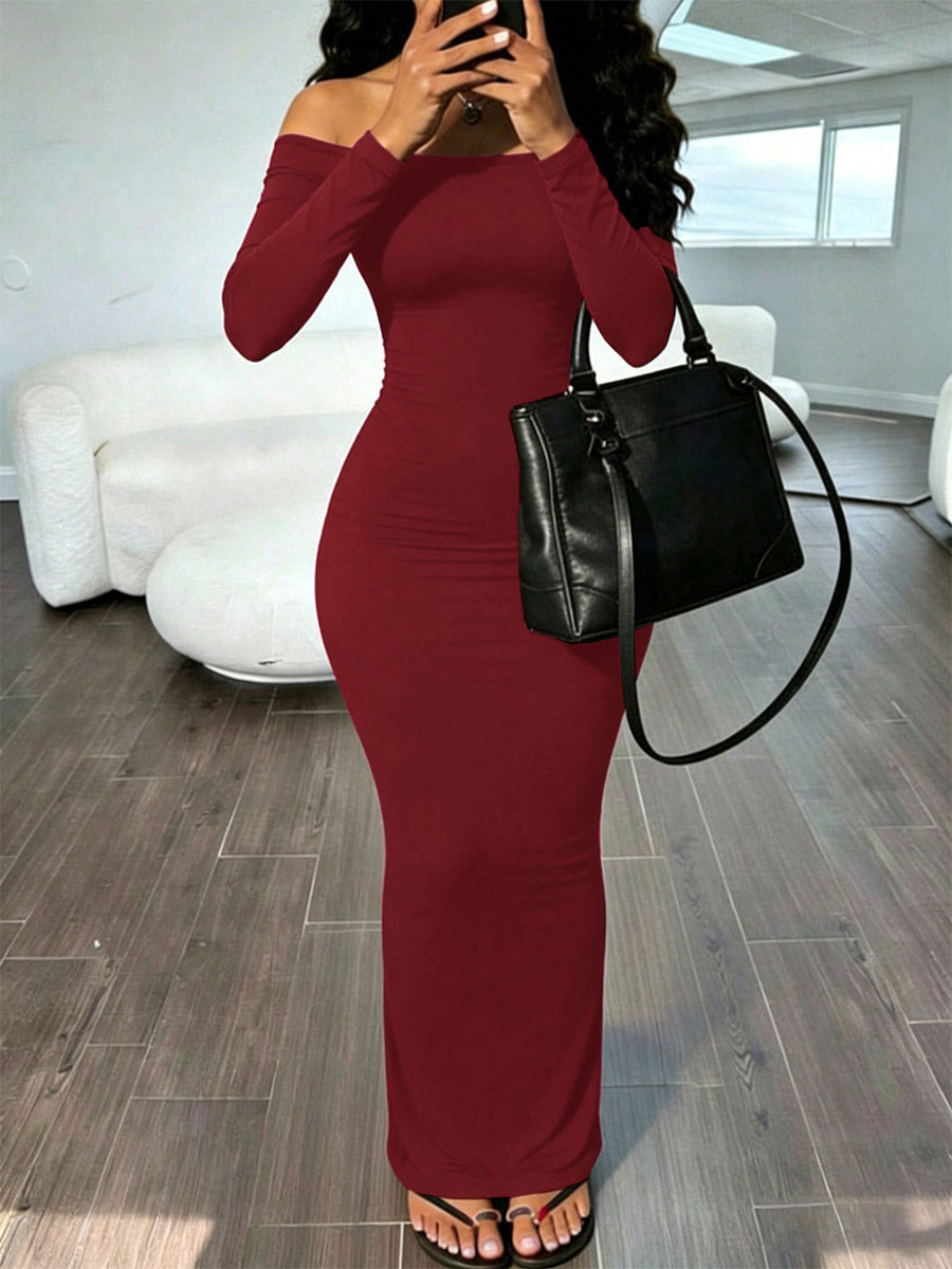 Burgundy Long-Sleeve Off-Shoulder Fitted Bodycon Dress — view 1