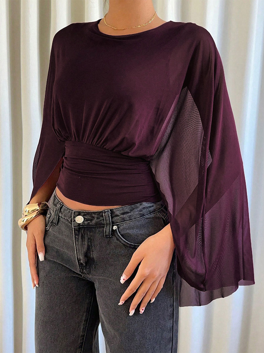 Fuchsia Round-Neck Pleated Sheer Blouse — view 2
