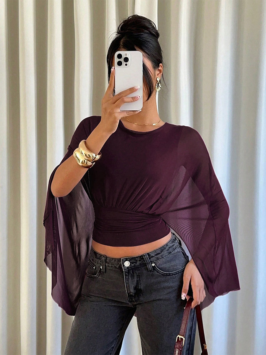 Fuchsia Round-Neck Pleated Sheer Blouse — view 1