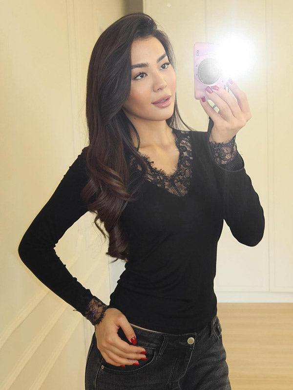 Charcoal Long-Sleeve V-Neck Lace Blouse — view 3