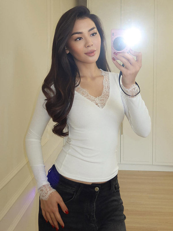 Charcoal Long-Sleeve V-Neck Lace Blouse — view 4