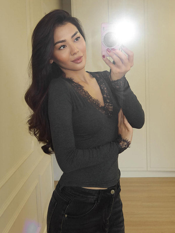 Charcoal Long-Sleeve V-Neck Lace Blouse — view 7