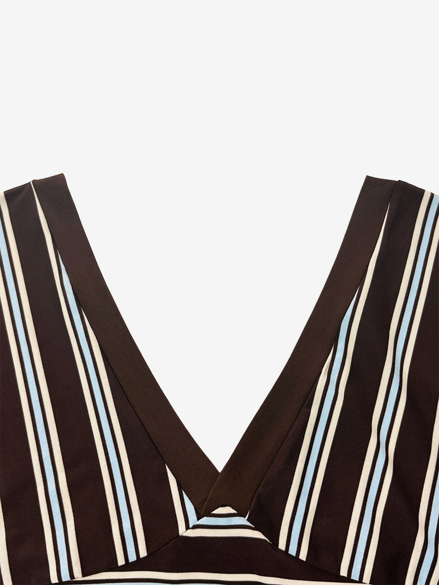 Brown Long-Sleeve V-Neck Striped Blouse — view 3