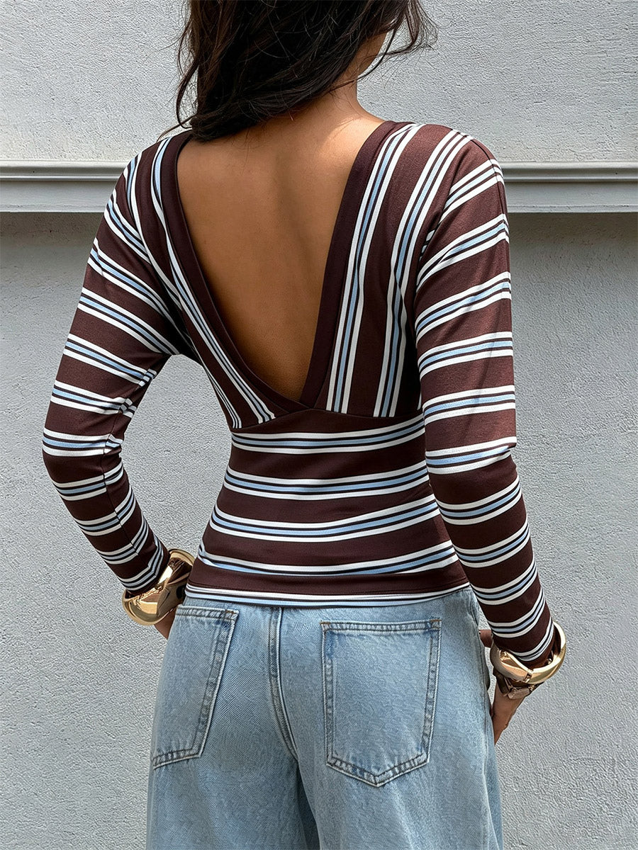 Brown Long-Sleeve V-Neck Striped Blouse — view 2