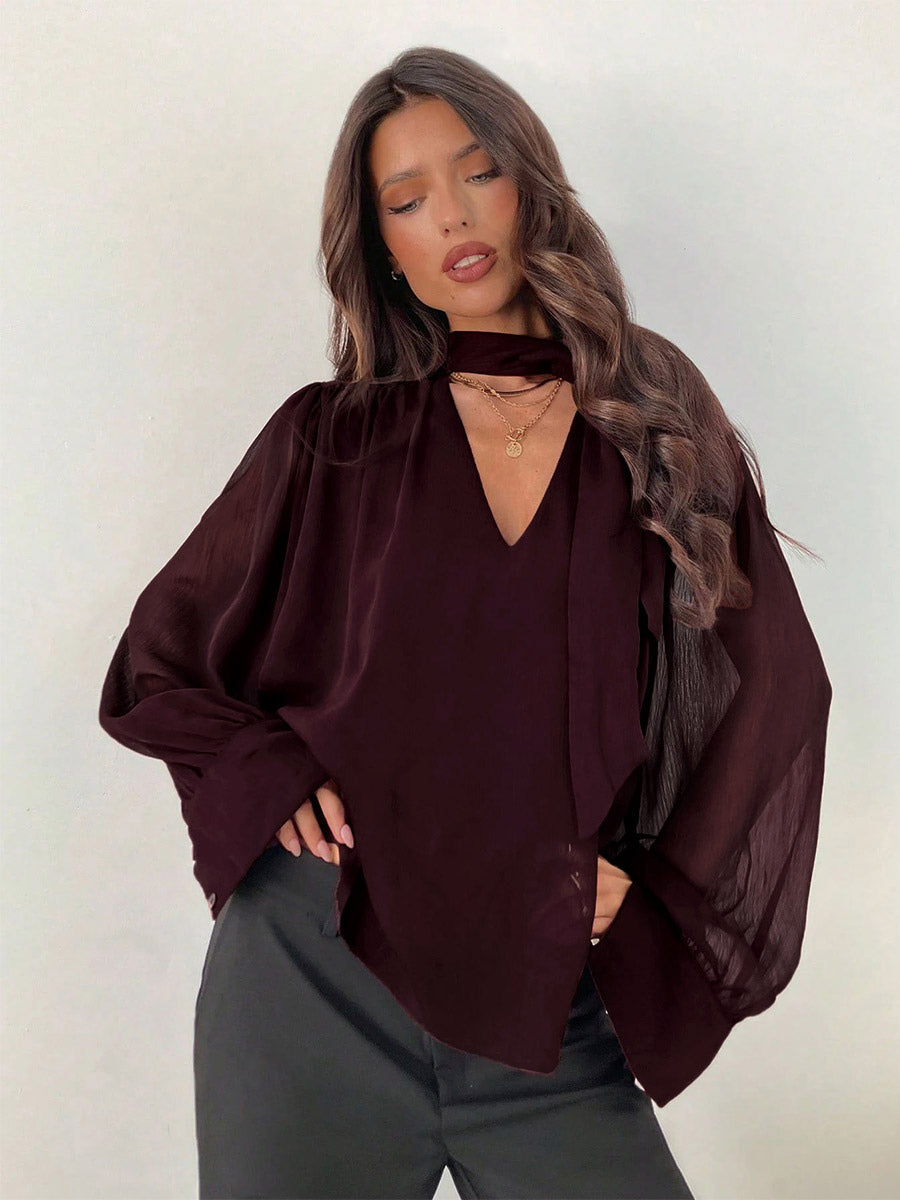 Fuchsia Long-Sleeve Chiffon Blouse — view 5