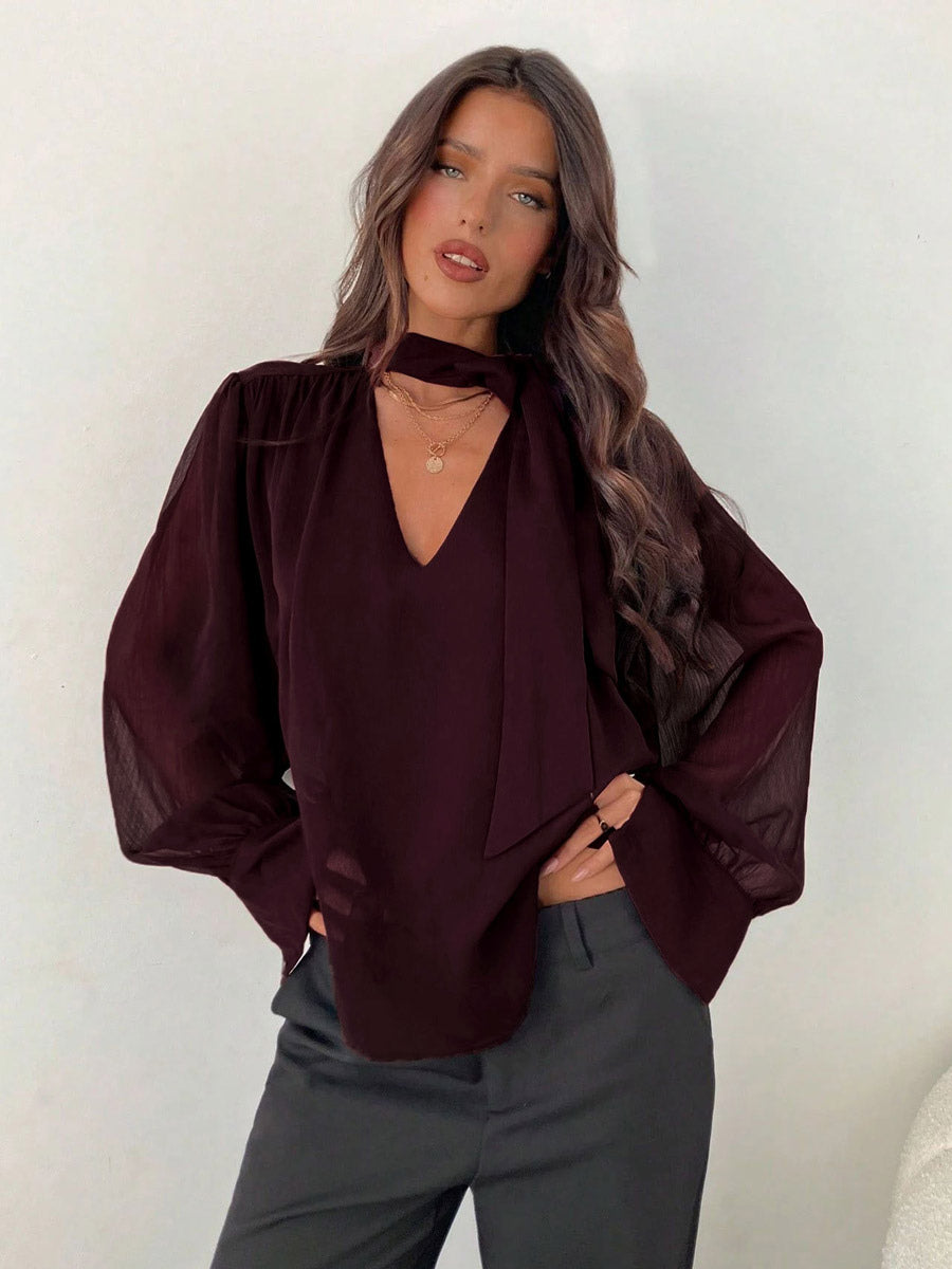 Fuchsia Long-Sleeve Chiffon Blouse — view 2
