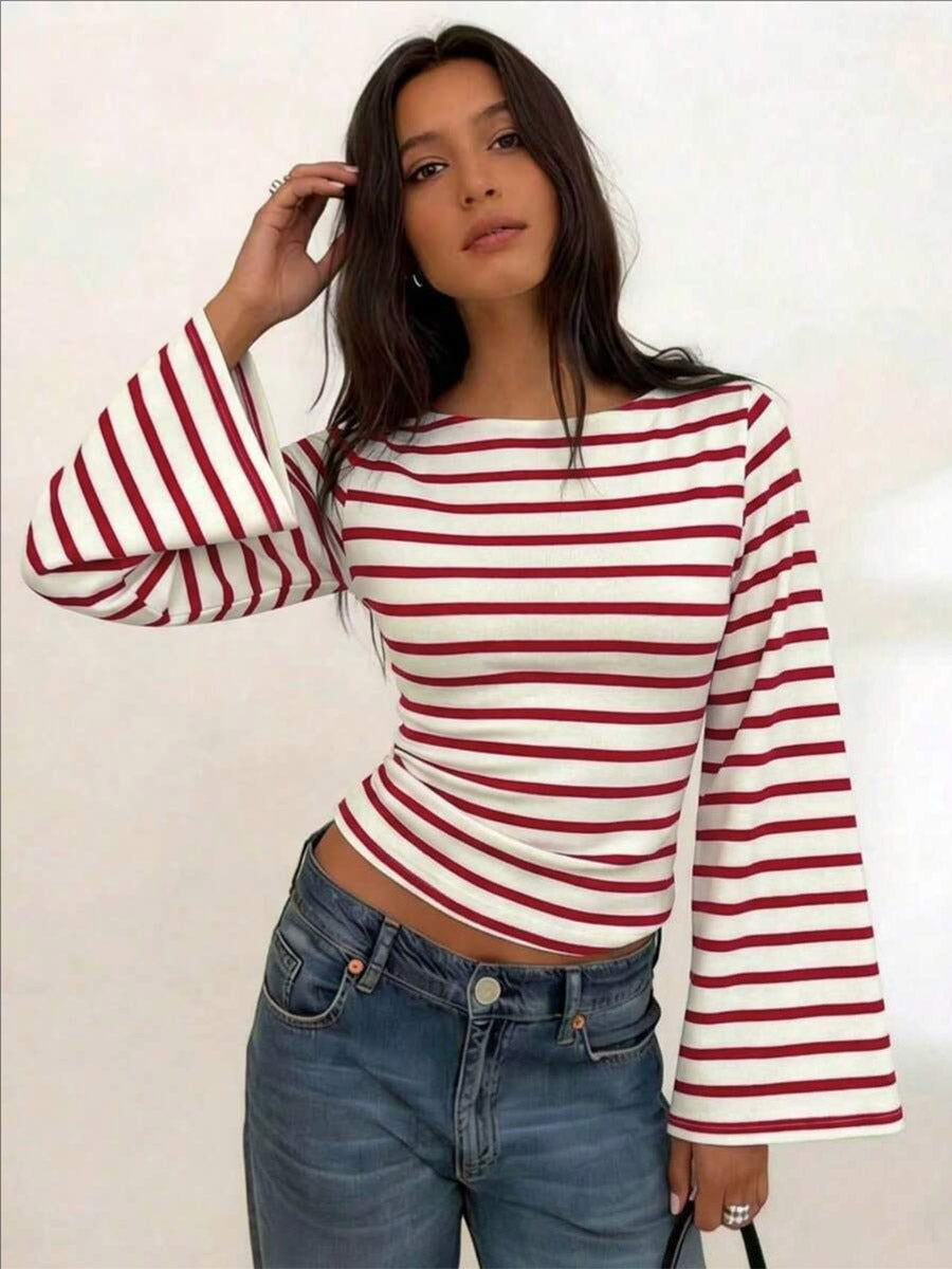 Red Long-Sleeve Striped Blouse — view 6