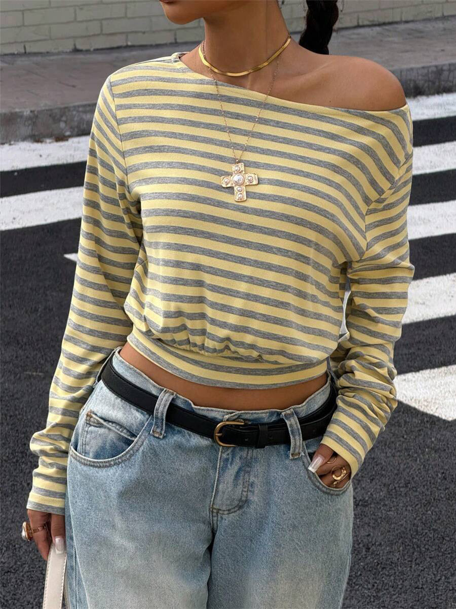 Yellow Long-Sleeve Off-Shoulder Striped Blouse — view 2