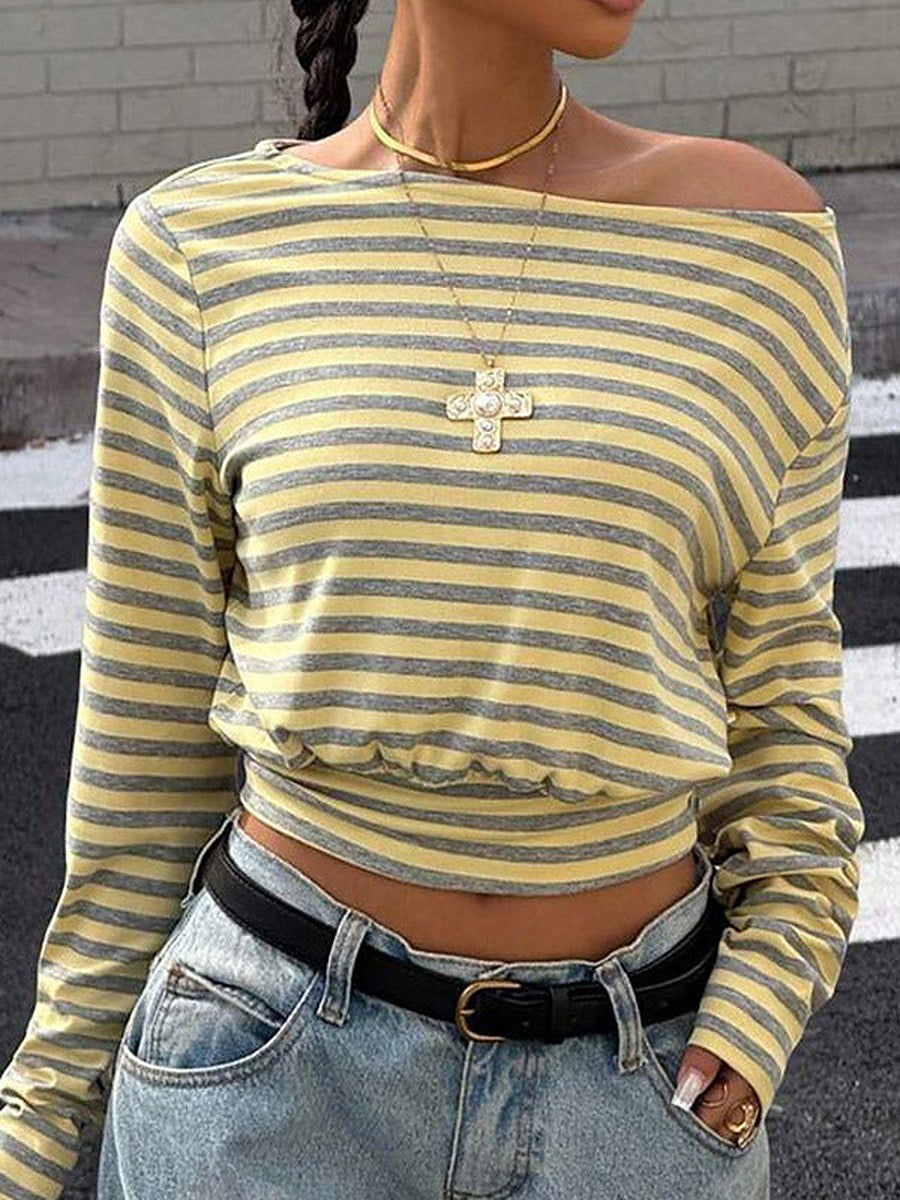 Yellow Long-Sleeve Off-Shoulder Striped Blouse — view 1