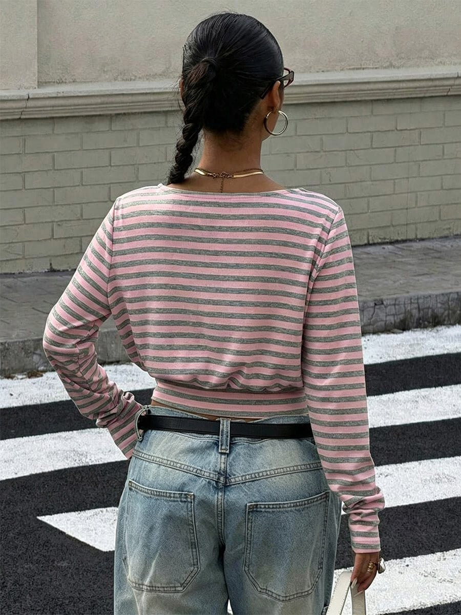 Yellow Long-Sleeve Off-Shoulder Striped Blouse — view 5