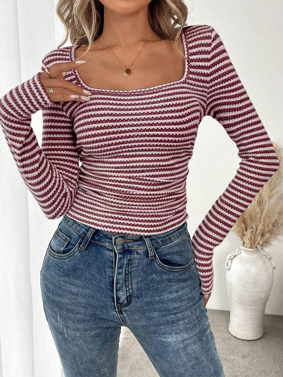 Apricot Long-Sleeve Square-Neck Striped Blouse — view 6