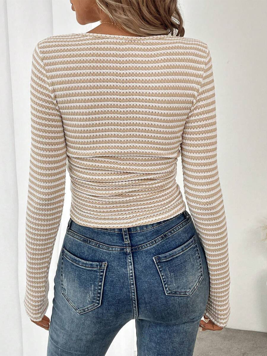 Apricot Long-Sleeve Square-Neck Striped Blouse — view 2