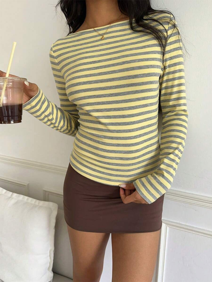Yellow Long-Sleeve Fitted Striped Blouse — view 3